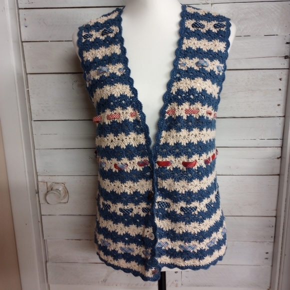 Vintage 1990s Y2K Crochet Vest Blue Cream Stripes Boho Hippie Retro - Picture 1 of 12